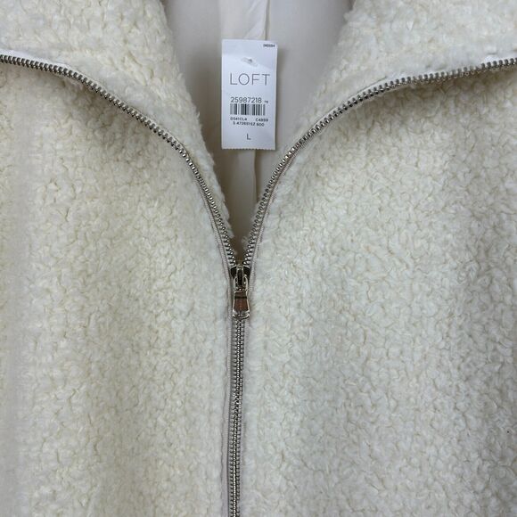 Loft Teddy Coat Jacket Womens Large Cream Boucle Faux Fur Zip Pockets Ladies New - Picture 4 of 13
